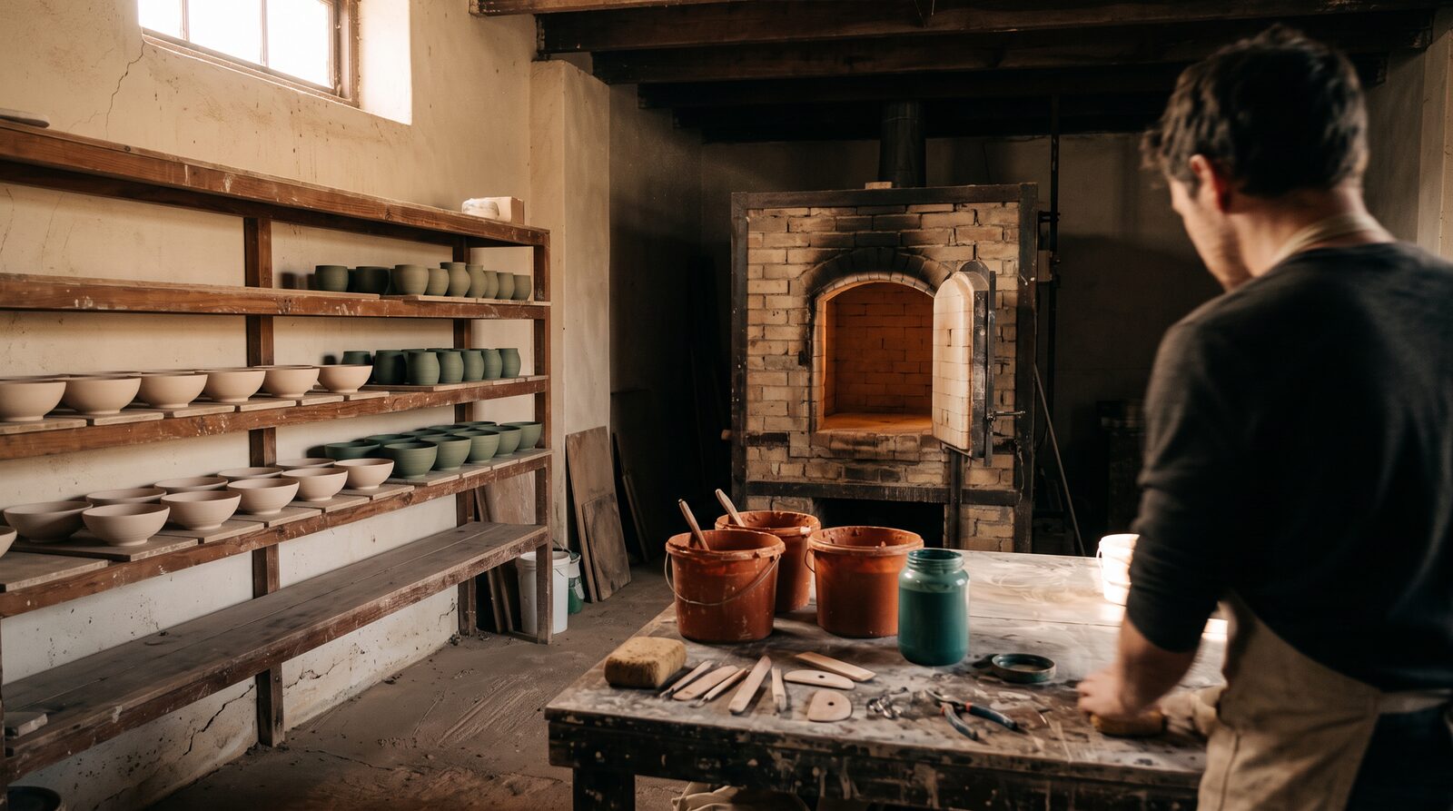 A potter working at a table beside a brick kiln, with shelves of bowls drying behind