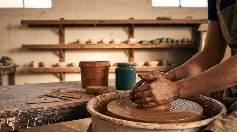 A potter's hands shaping a bowl on the wheel in a warm studio